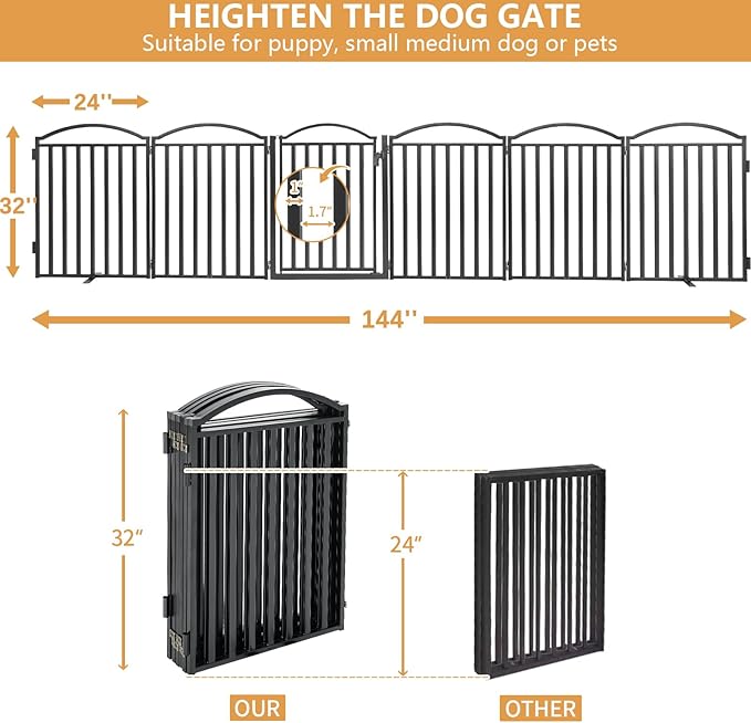 Malier Metal Freestanding Dog Gates with Door, 32'' Height Outdoor Indoor Dog Fences, Extra Wide Foldable Puppy Gate Free Standind Tall Pet Gate for Stairs, Hallways, Doorways, Yard (Black 6 Panels)