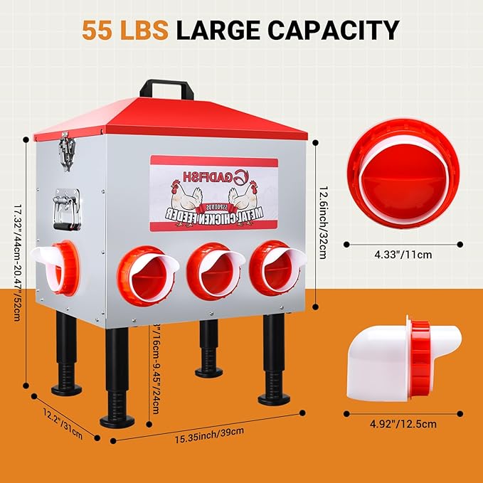 GADFISH 55 lbs–65 lbs Large Capacity Automatic Chicken Feeder - 8 Feeding Ports, No Waste Chicken Feeder, Height-Adjustable Legs & Secure Locking Lid for Chickens, Ducks & Poultry