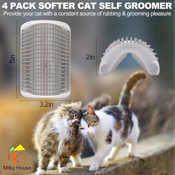 Self Groomer for Cats - 4PACK Slicker Brushes, All-In-One Grooming Tool with Wall Corner Scratcher, Trimmer, Massage Combs for Short & Long Fur Pets