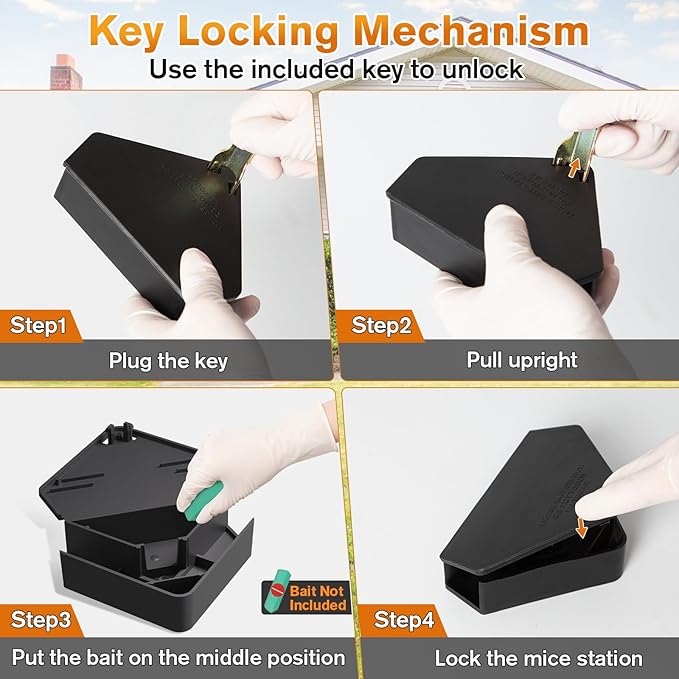 Mouse Station with Keys Black 32 Pack, Key Required Mouse Stations, Mice Stations, Keeps Children and Pets Safe Indoor & Outdoor