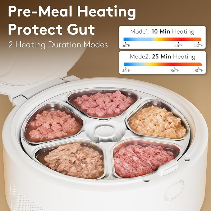 Automatic Cat Feeder Wet Food for 5 Meals, Semiconductor Cooling & 𝐏𝐫𝐞-𝐇𝐞𝐚𝐭𝐢𝐧𝐠 Pet Food Dispenser with Night Vision Camera, App-Controlled Auto Cat Feeder with Food-Grade Stainless Tray