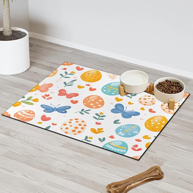 Easter Egg Dog Food Mat for Floors Absorbent Dog Bowl Mat for Food and Water Dispenser Quick Dry Cat Food Placemat Pet Supplies 16" x 24", Butterfly Flower