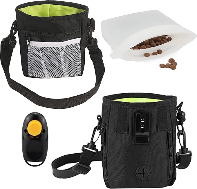 Dog Training Treat Pouch Set, Silicone Treat Pouch for Dogs and Clicker, Hands-Free Waist and Shoulder Dog Treat Bag with Poop Bag Dispenser (Black)