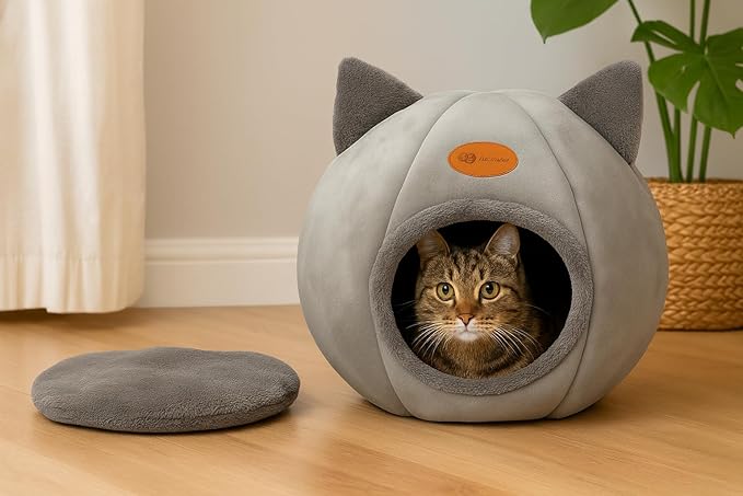 WNPL Cat Bed for Indoor Cats - Cat Bed Cave Washable, Soft Plush, Removable Pillow, Non-Slip Base, Large Cave with Toy Balls for Kitty and Small Animals (XL) 16x16x16 inch