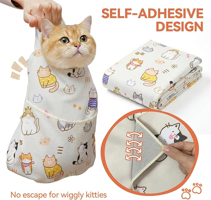 BFNN Cat Grooming Wrap for Cutting Nails, 27.6" Anti-Escape Calming Cat Swaddle Wrap for Medicine, Nail Clipping, Teeth Brushing, Ear Cleaning, Self-Adherent Burrito Restraint, (CatLand, L)