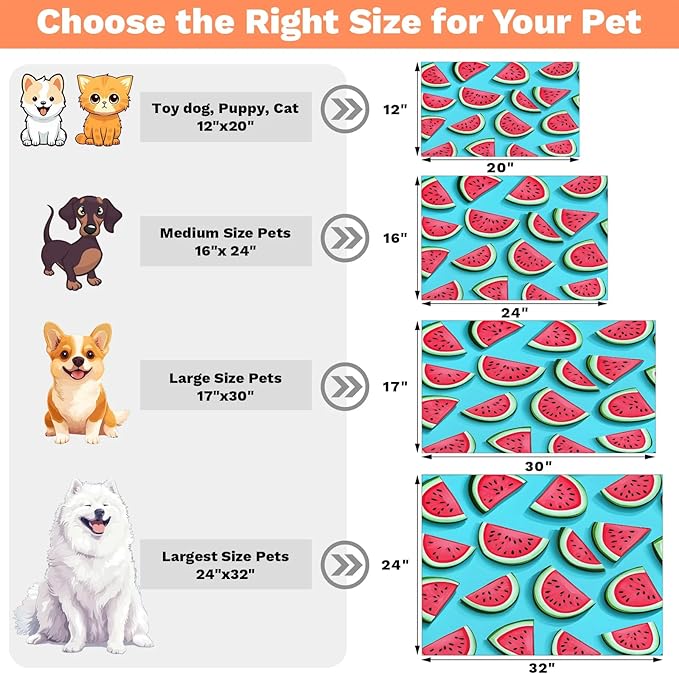 Red Watermelon Dog Food Mat for Floors Absorbent Dog Bowl Mat for Food and Water Dispenser Quick Dry Cat Food Placemat Pet Supplies 24" x 32", Summer Fruits
