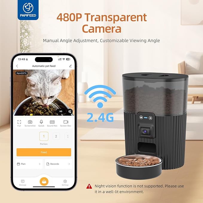 PAPIFEED Automatic Cat Feeder with Camera, Adjustable Angle 2.4G WiFi Pet Feeder 3.5L/15 Cup Timed Dispenser,Timed Feeder for Remote Feeding with Stainless Steel Bowl up to 10 Meals Per Day with APP