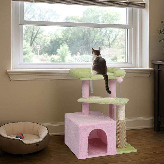 27.5in Plush Cat Tree, Multi-Level Cat Tower with Scratching Post and Pad, Cozy Condo & Padded Perch, Dangling Ball for Kittens and Indoor Cats, Compact Cat Furniture for Small Spaces (Pink & Green)