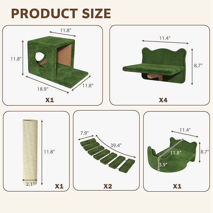 9-in-1 Cat Wall Shelves, Multi-Level Wall Mounted Cats Furniture Set with Plush Fabric, Floor Space-Saving Wooden Cat Climbing Wall Systems with Scratching Post, Bridge Ladder, Condos, Green