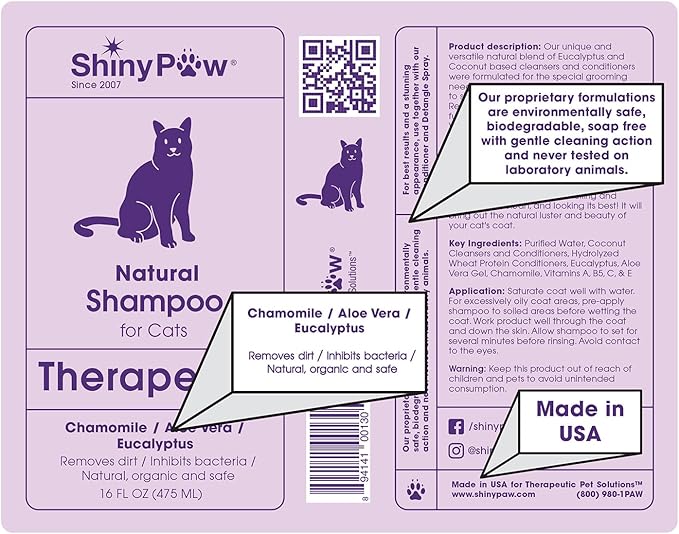 Natural Cat Shampoo for Itchy Skin with Chamomile, Aloe Vera & Eucalyptus by Shiny Paw 16 oz | Hypoallergenic Feline Shampoo for Sensitive Skin Itch Relief | for Adult & Senior Cats | Made in USA