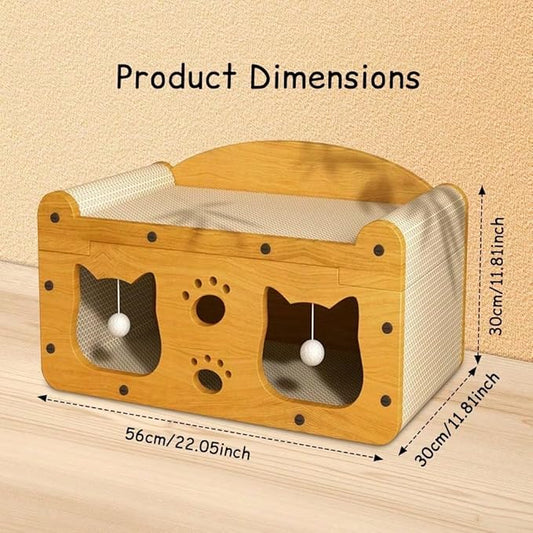 Multi-Function Cat Scratcher House Box,3-in-1 Scratch Pad and Soft Bed & Play Cave with Toys, Durable Build & Ideal for Cats/Kitty (Yellow,MD-CAT1)