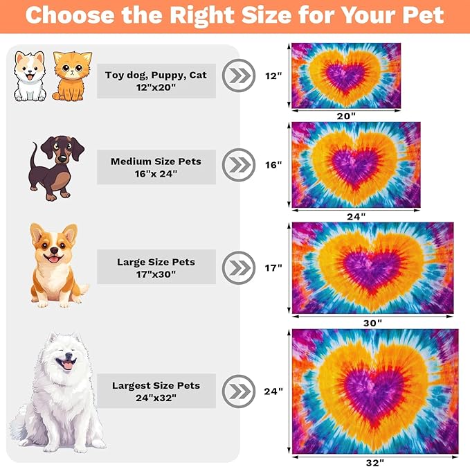 Tie Dye Dog Food Mat for Floors Absorbent, Quick Dry Water Dispenser Mat for Food, Water, Pet Supplies 16" x 24", Colorful Love Heart