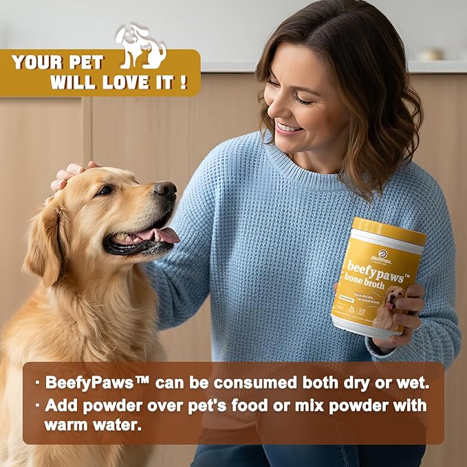 Zammex Grass-Fed Beef Bone Broth Protein Powder for Dogs & Cats - Joint & Bone Support, Healthy Fur Enhancer, Pet Food Topper for Dry & Wet, 10.58oz (Pack of 2)