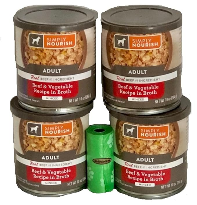 Simply Nourish Adult Dog Beef & Vegtable Recipe in Broth Minced. 4-10 Ounce Cans and Biggs Dog Waste Roll.