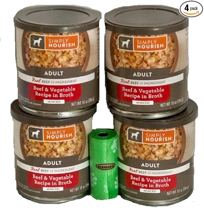 Simply Nourish Adult Dog Beef & Vegtable Recipe in Broth Minced. 4-10 Ounce Cans and Biggs Dog Waste Roll.