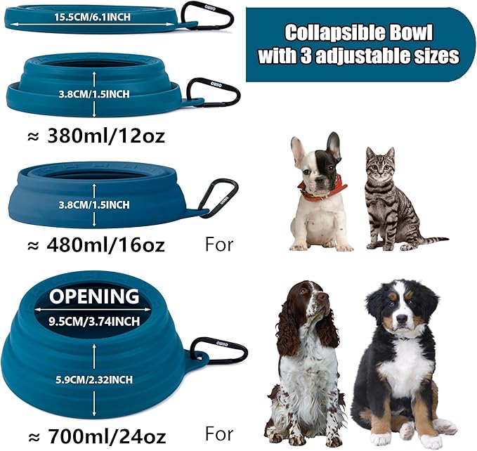 OHMO 2 Pack Cat Food Can Lids, Small Size (3 oz，Dark Blue)&No Spill Collapsible Dog Water Bowl