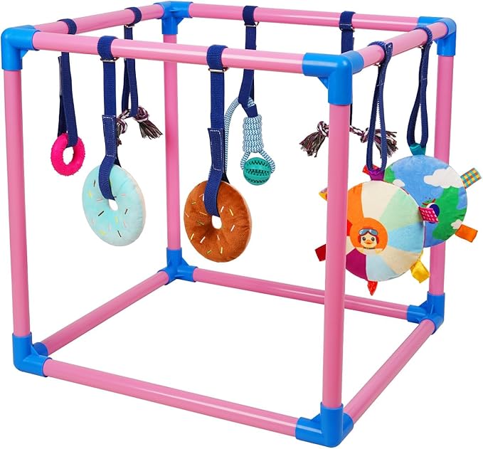 Liitrton Puppy Play Gym - Small Dogs Play Gym with 8 Hanging Toys, Indoor Puppy Jungle Gym with Interactive Dog Enrichment Toys, 19.5"x19.5"x19.5" PVC Frame (Pink)