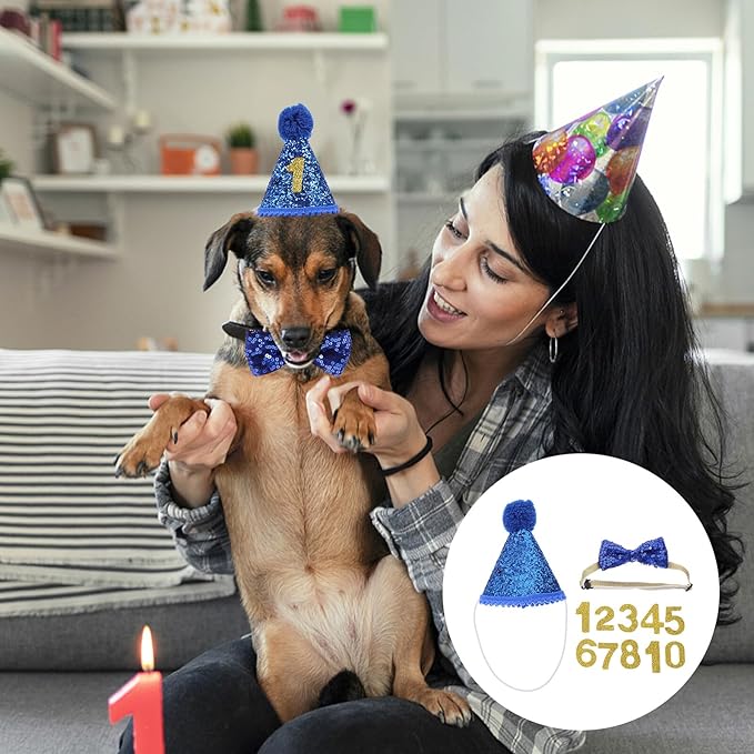 OUNONA Pet Birthday Party Hat and Bow Tie Set Blue Sequin Small Dog Hat with Number and Navy Blue Bowknot for Puppy Birthday Supplies