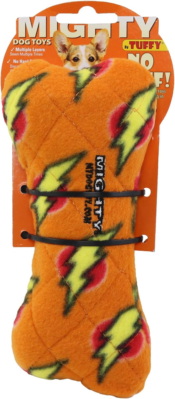 MIGHTY- NO Stuff Bone– Squeaky Plastic Core. 2-in-1 Toy. Made Durable, Strong & Tough. Interactive Play Dog Toy (Tug, Toss & Fetch). It Floats. (Orange, Medium)