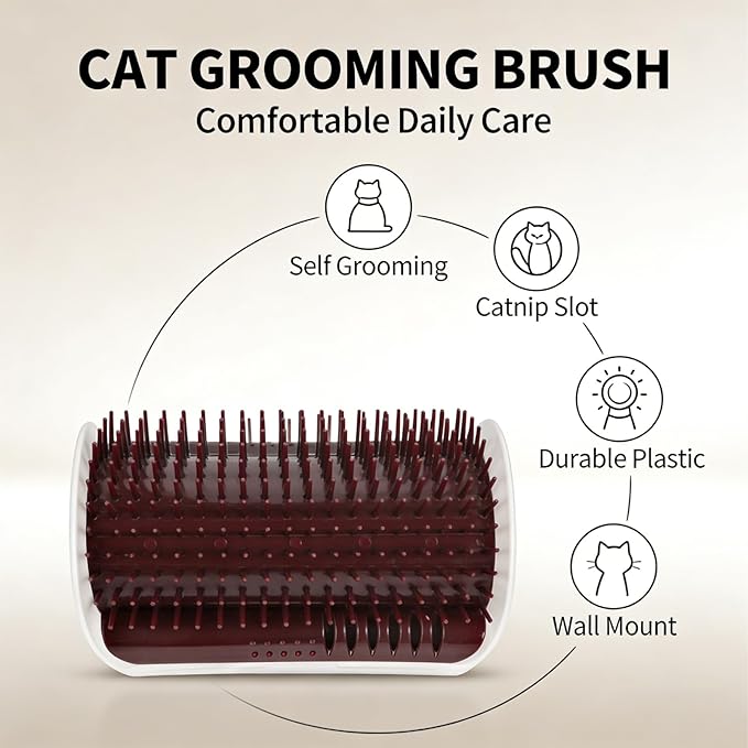 Cat Self Groomer Brush, Plastic Massage Comb with Soft Cat Corner Scratcher 12.6x8.3cm - Easy Mount Wall Scratcher, Removes Loose Hair, Perfect for Cats Grooming and Play (Coffee)