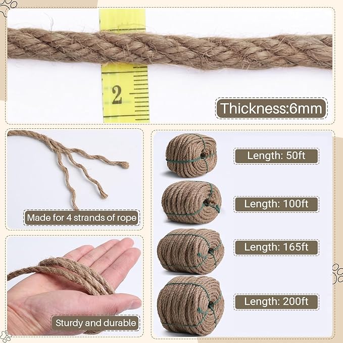 Sisal Rope for Cat Scratcher 1/4" 200 Ft Cat Tree Twine for Repairing Cat Scratching Post Replacement DIY Hemp Rope for Carpet Mat, Pet, and Crafts Gardening Home Decorating