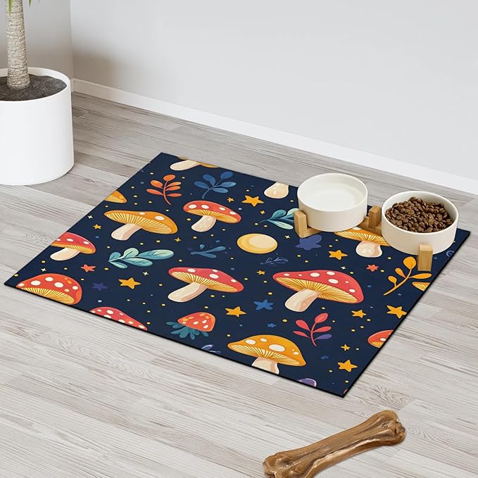 Mushroom Dog Food Mat for Floors Absorbent Dog Bowl Mat for Food and Water Dispenser Quick Dry Cat Food Placemat Pet Supplies 24" x 32", Leaf Star