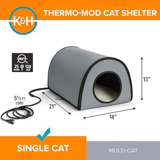 K&H Pet Products Heated Outdoor Cat House for Outside - Thermo Mod Kitty Shelter, Insulated, Waterproof, Heated Floor, Washable Cover, Safety Listed - Small 21 X 14 X 13in Gray 20W