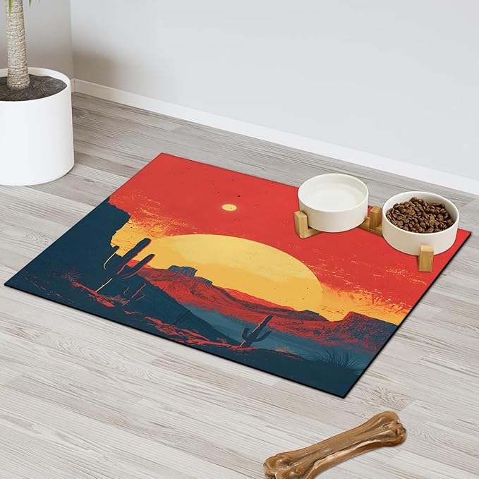 Sunrise Cactus Dog Food Mat for Floors Absorbent, Quick Dry Water Dispenser Mat for Food, Water, Pet Supplies 16" x 24", Mountain