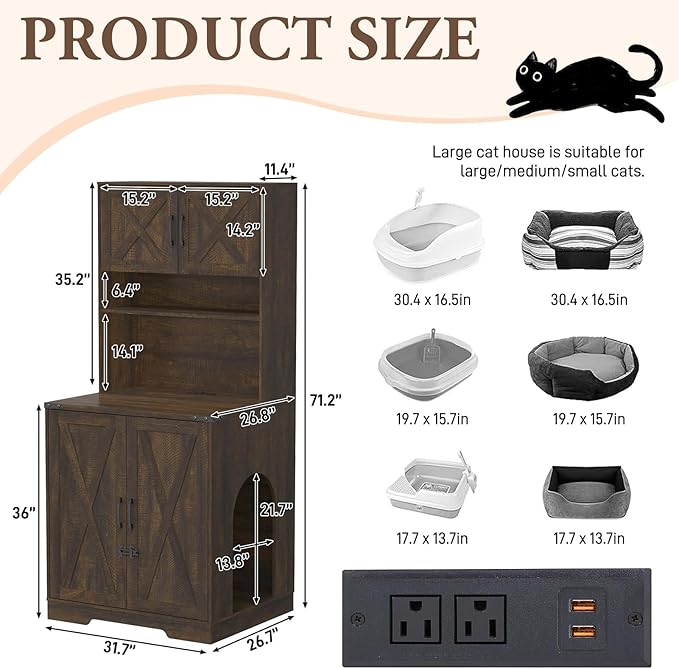 71Inches Tall Cat Litter Box Enclosure for Cats W/Power Outlets,Open Shelves.Wooden Pet Washroom Furniture W/Locks,Cabinet.White Indoor Cats House,Hidden Cat Litter Box for Living Room,Bedroom