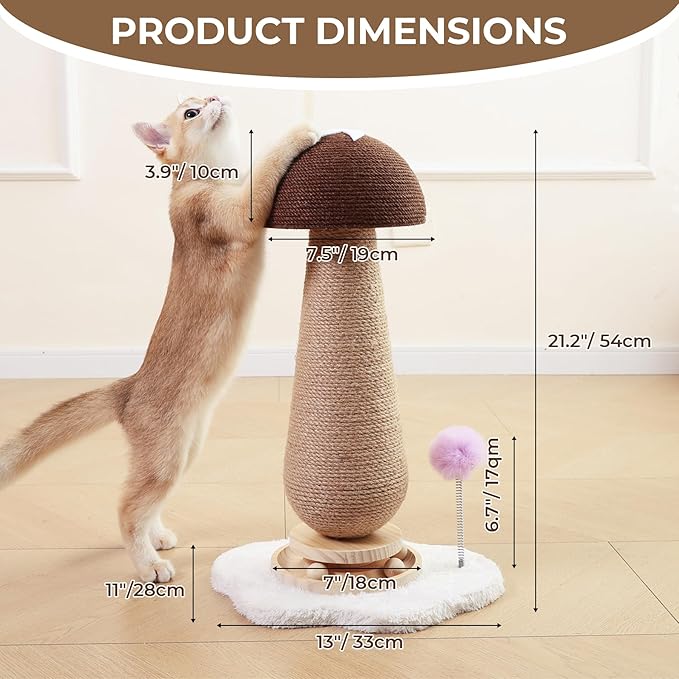 Mushroom Cat Scratching Post with Interactive Ball Track Spring Ball Cat Toys, 21.2" Cat Jute Scratcher Tree for Indoor Cats, Brown
