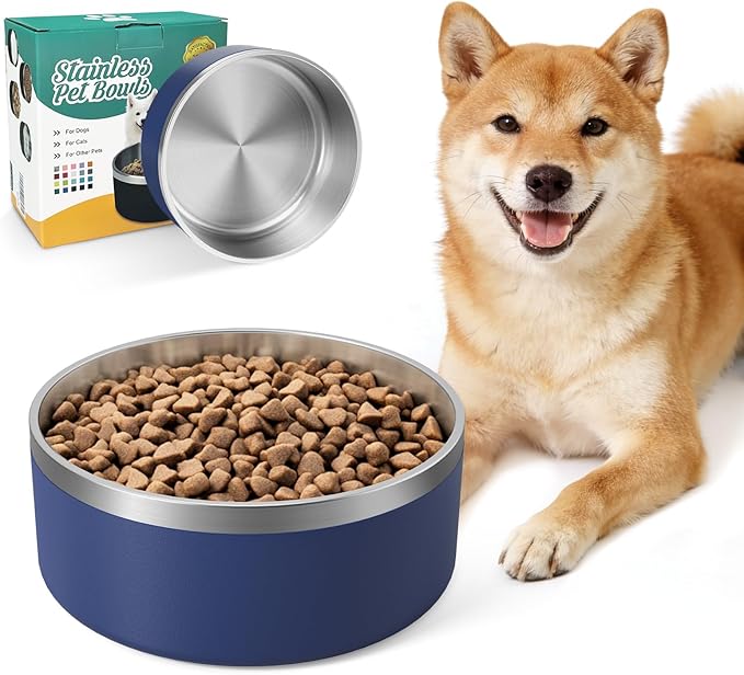 IKITCHEN Dog Bowl for Food and Water, 40 Oz Stainless Steel Pet Feeding Bowl, Durable Non-Skid Double Wall Insulated Heavy Duty with Rubber Bottom for Medium Large Sized Dogs (40 Ounces/5 Cup, Blue)