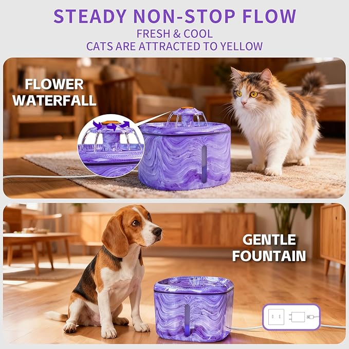 Cat Water Fountain Purple Cute: 84oz/2.5L Automatic Pet Water Fountain for Cats Indoor, Flower Kitty Spout Fountain & LED Blue Light, Upgraded Ultra Quiet Pump, Gifts for Cats, Dogs (8Filters)
