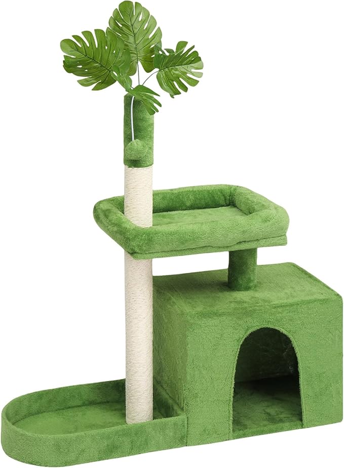 36in Cat Tree with Leaves, Multi-Level Cat Tower with Scratching Post, Cozy Condo & Padded Perch, Dangling Ball for Kittens and Indoor Cats, Compact Cat Furniture for Small Spaces, Green