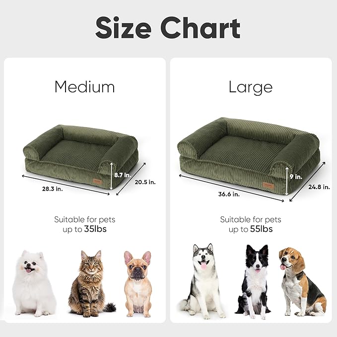 FUKUMARU Cute Dog Bed, Thickened Orthopedic Dogs Couch, 36in Egg Crate Foam Pet Sofa for Medium to Large Dogs, Waterproof Warm Corduroy Pet Bed with Washable Cover, Green