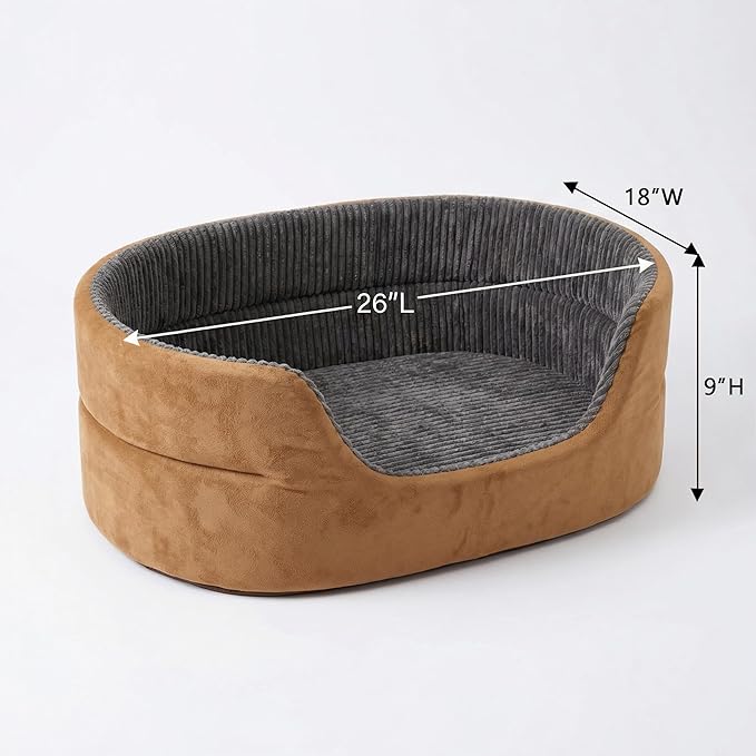 Medium Dog Bed Cat Bed 18x26 Inch, Calming Pet Bed for Small Dogs & Cats, Half-Enclosed Open-Top Velvet Anti-Anxiety Bed, Machine Washable Cozy Snuggle Bed (Camel)