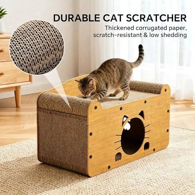 Multi-Function Cat Scratcher House Box,3-in-1 Scratch Pad and Soft Bed & Play Cave with Toys, Durable Build & Ideal for Cats/Kitty (Yellow,FX-SFHXM)