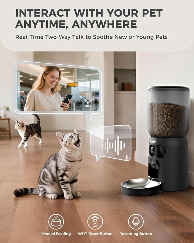AI Automatic Cat Feeder with 2K HD Dual Cameras,5G&2.4G Wi-Fi 6L Cat Food Dispenser with Cats Recognition& Diet Tracking, Laser Interactive Toy & Two-Way Audio