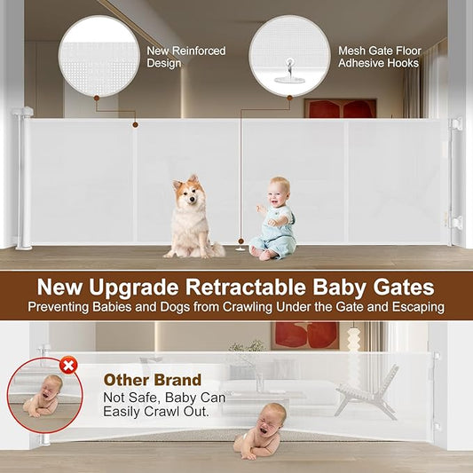 200 inch Retractable Baby Gates 42 inch Tall, Retractable Gate with Reinforced Strip Design to Prevent Crawling Through, 16 FT Outdoor Retractable Gates, Extra Wide Retractable Gate for Garage