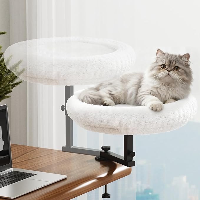 VERIFOST Adjustable Cat Desk Bed, 360° Rotatable Elevated Desk Cat Bed for Home Office, Space-Saving Design Table Supports Up to 60 lbs, Soft Faux Fur Bed with Removable Washable Cover (Beige)