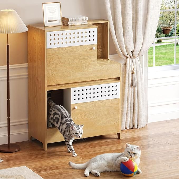 2 in 1 Cat Litter Box Enclosure Furniture, Double Hidden Litter Box Cabinet with Storage Shelf, Space Saving Wooden Cat House End Table for Indoor Use, Brown Natural,Natural