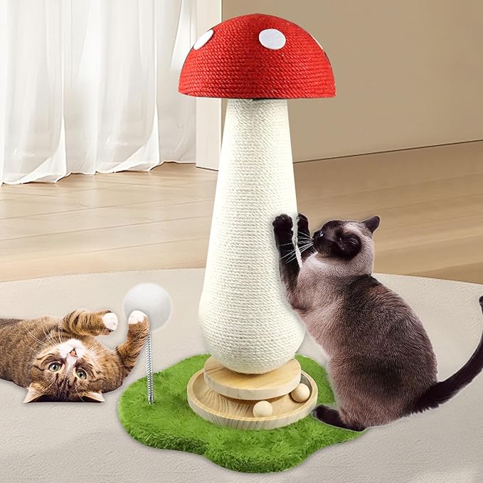 Mushroom Cat Scratching Post, Mushroom Cat Tree with Interactive Ball Track Spring Ball Cat Toys, Cute Cat Scratching Post for Indoor Kittens Adults, 100% Sisal Covered