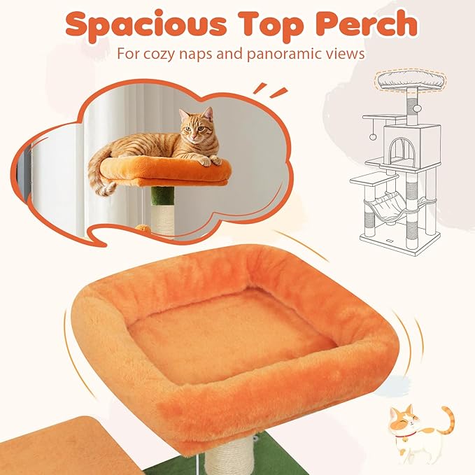 Tangkula Cat Tree Tower, 44 Inch Multi-Level Cat Tower with Sisal Scratching Posts, 2-Door Condo, Padded Top Perch & Hammock, 2 Hanging Balls, Jumping Platforms for Indoor Cats (Green & Orange)
