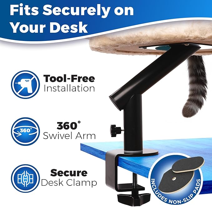 PetLovers Cat Desk Bed - Plush Elevated Desk Bed Attachment with Removable Washable Cushion, 360° Swivel Arm, Secure Clamp - Keeps Your Cat Close While You Work or Play