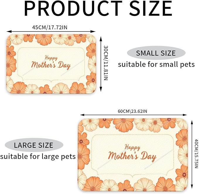 Dog Food Mats for Floors Absorbent Pet Cat Food Mat Happy Mother's Day Floral Gift Mom Orange Lf Non Slip Dogs Bowl Mats for Water Dog Placemats Feeding Mat Pet Supplies 24x16In