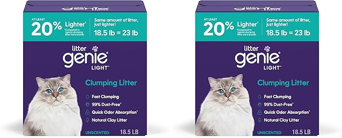 Litter Genie Light Unscented Clumping Cat Litter, 18.5 lbs | Lightweight 20% Lighter Natural Clay | Fast-Clumping, Odor Control, Dust-Free (Pack of 2)
