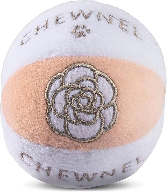 Dog Diggin Designs Chewnel Blush Plush Squeaky Dog Toy Ball | Luxury-Inspired Parody Designer Ball with Squeaker, Soft Plush Fetch Dog Toy – Prêt-à-Porter Play!