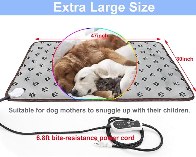 Pet Heating Pad Keep Dogs Cats Warming Extra Large Smart Timer Precise Temperature Control Waterproof Durable Material Easy Cleaning