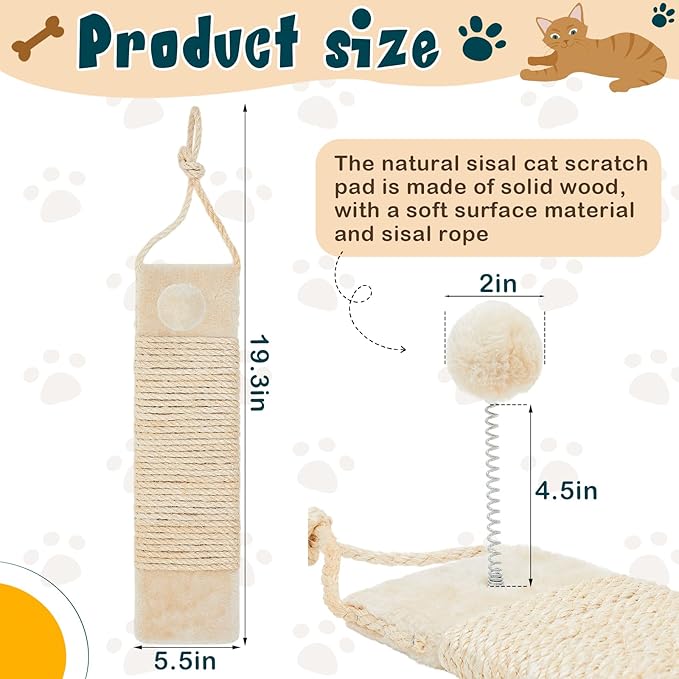 2 Pcs Cat Scratcher Door Hanging, 19.3 x 5.5inch Cat Scratching Post Wall Mounted, Natural Sisal Scratching Pad Surface with Ball Toy for Indoor Cats Kitty