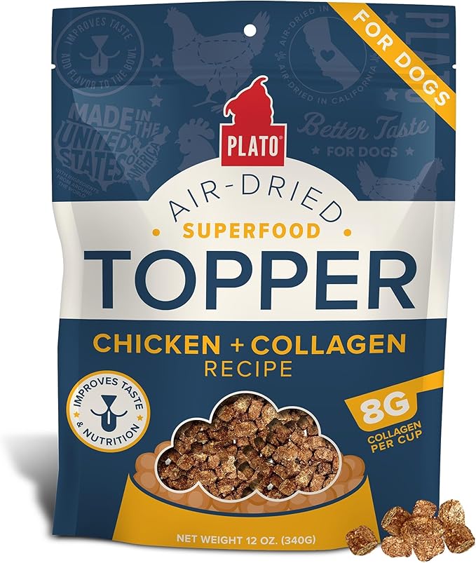 Plato Pet Treats Dog Food Toppers - Air-Dried Dog Food Toppers for Dry Food - with Collagen to Support Skin and Coat Health - Chicken and Collagen Recipe 12oz