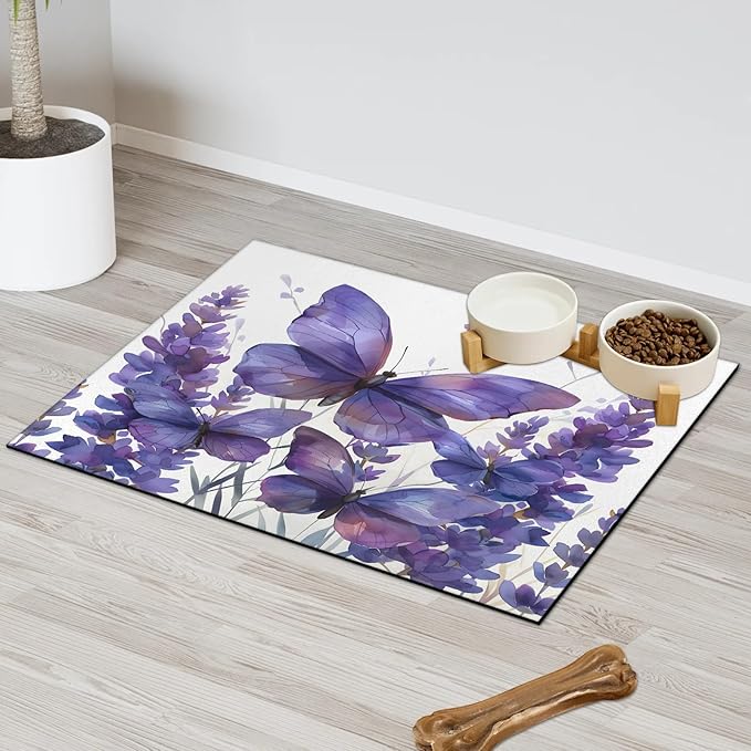 Purple Butterfly Dog Food Mat for Floors Absorbent, Quick Dry Water Dispenser Mat for Food, Water, Pet Supplies 16" x 24", Lavender Floral